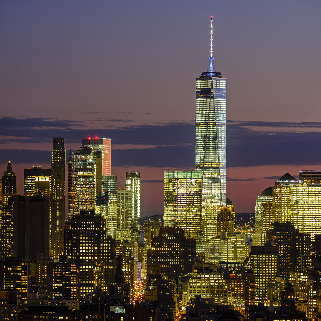 Lower Manhattan and Trade Tower at dusk