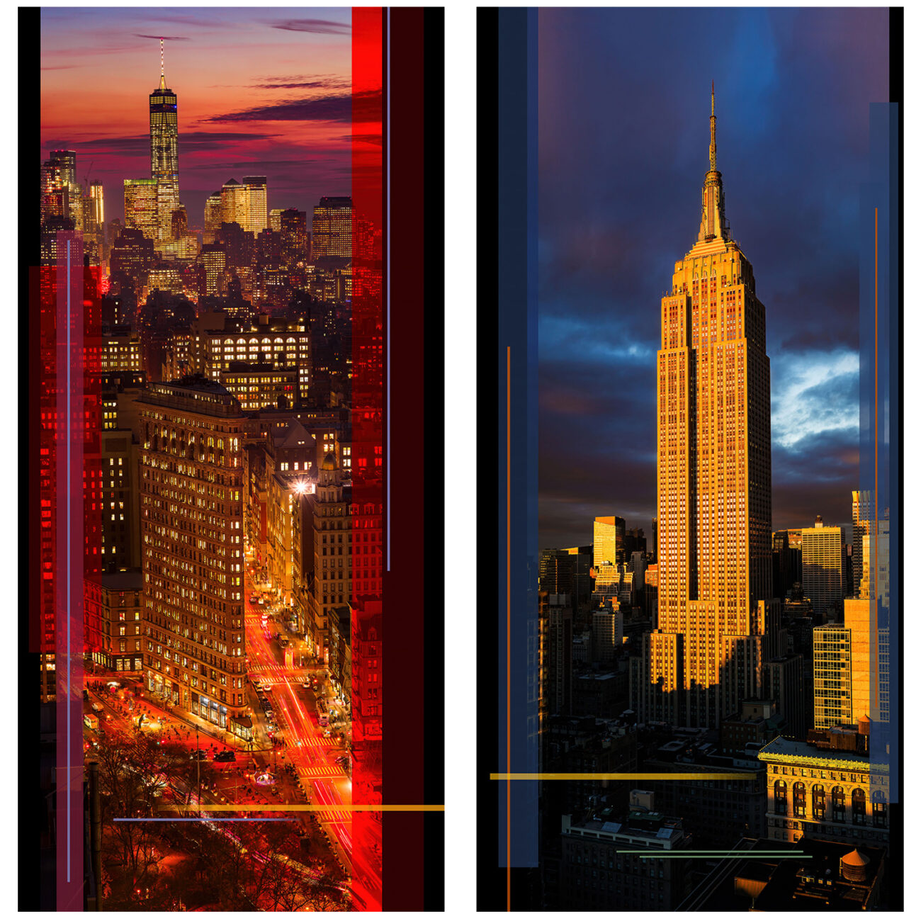 Dyptych of Empire State Building and Flatiron with lower Manhattan
