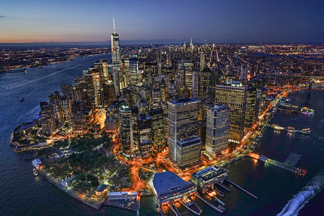 Aerial of lower Manhattan at night, NY, 2015